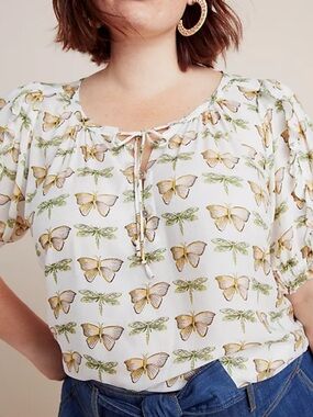 Maeve Cream Tie-Front Butterfly & Dragonfly Print Blouse